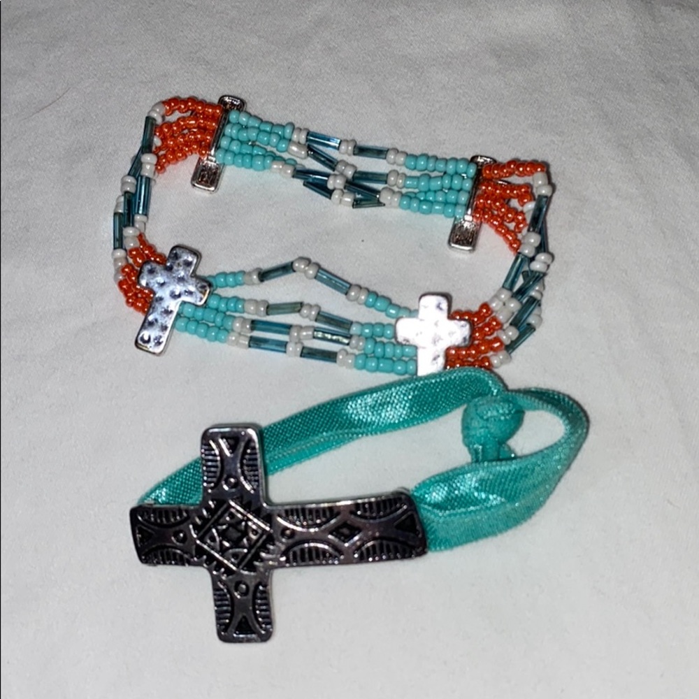 Teal and coral cross bracelets